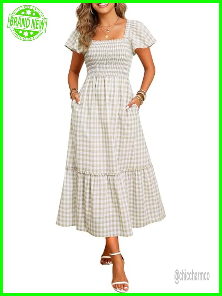 100% Cotton Plaid Square Neck Flutter Sleeve Midi Dress With Pockets